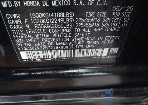 2026 Honda Hr-V Awd Ex-L z USA, uszkodzony, nr VIN 3CZRZ2H72TM700883